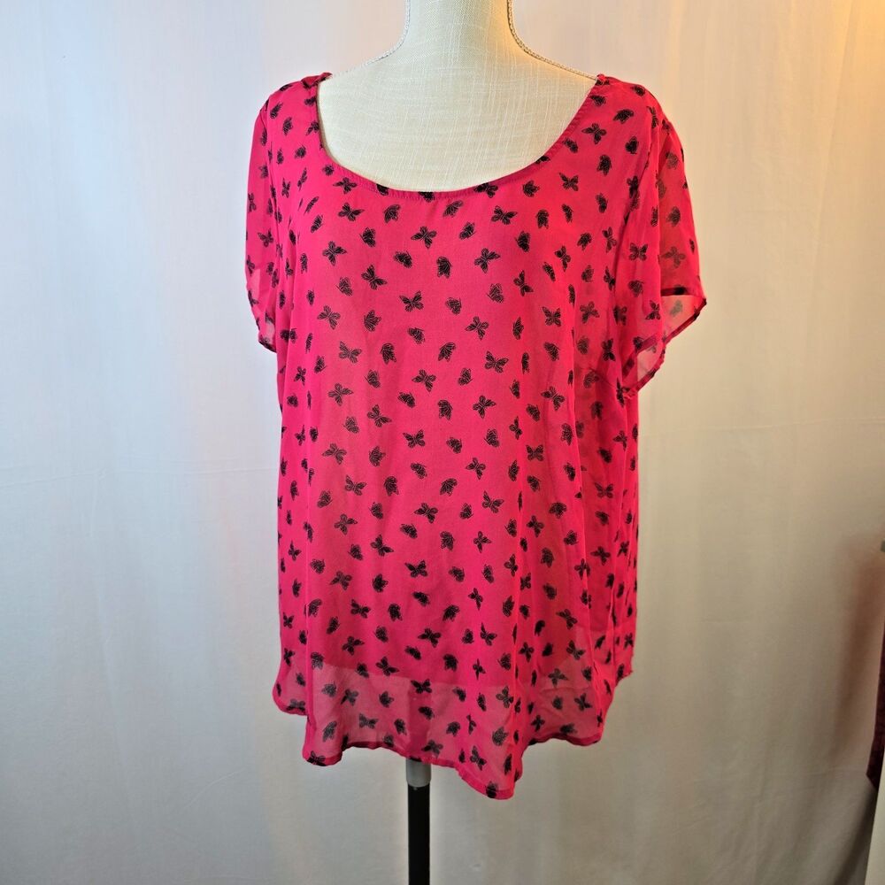 Torrid Women's Size 1 1X Semi Sheer Blouse Pink Black Butterflies Button Back